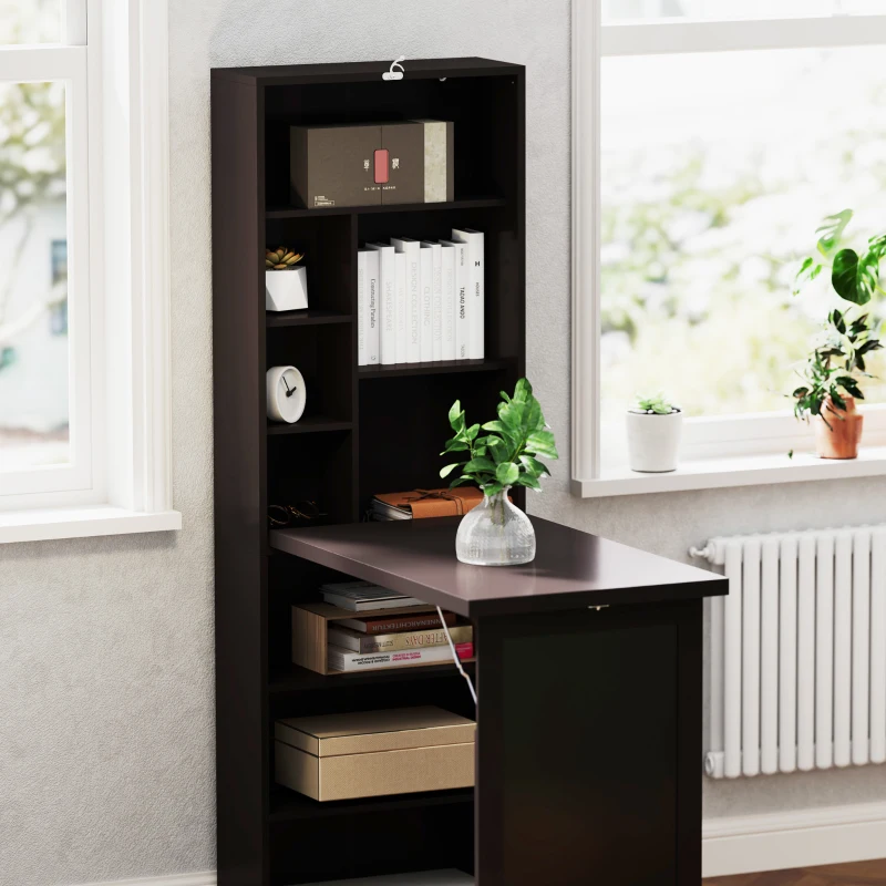 HOMCOM Klappbarer Wandtisch mit Stauraum, Bücherregal, Arbeitsplatz, Kreidetafel und höhenverstellbarem Regal