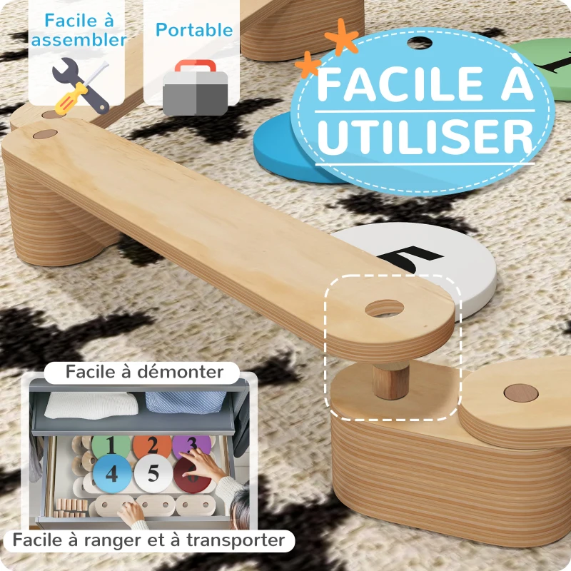 AIYAPLAY Poutre d'équilibre en bois pour enfants parcours de motricité modulable 6 pièces pour intérieur et extérieur naturel