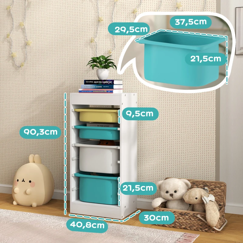 AIYAPLAY Meuble de rangement pour enfant, rangement jouets enfant, avec 4 boîte de rangement, 40,8L x 30l x 90,3H cm, blanc