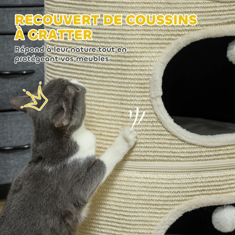 PawHut Tour pour chat modulable tonneau griffoir chat fermeture éclair séparable 3 niveaux tapis de grattage Ø 51 x 69 cm crème
