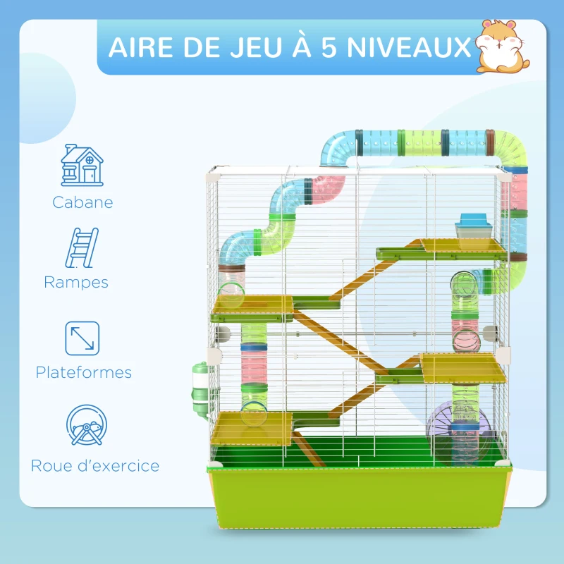 PawHut Grande cage pour hamsters cage pour rongeur 5 niveaux avec tunnels abreuvoir roue maisonnette échelles