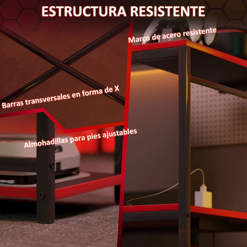 HOMCOM Escritorio Gaming de Fibra de Carbono con Luces LED 110x50 cm Tomas de Corriente Estantes y Control Remoto Negro