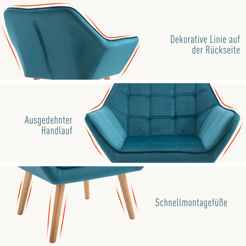HOMCOM Sessel Wohnzimmer Ohrensessel Loungesessel Relaxsessel mit Gummiholzbeine, Lesesessel mit Samtoptik, Polstersessel für Schlafzimmer, skandinavisch, Hellblau
