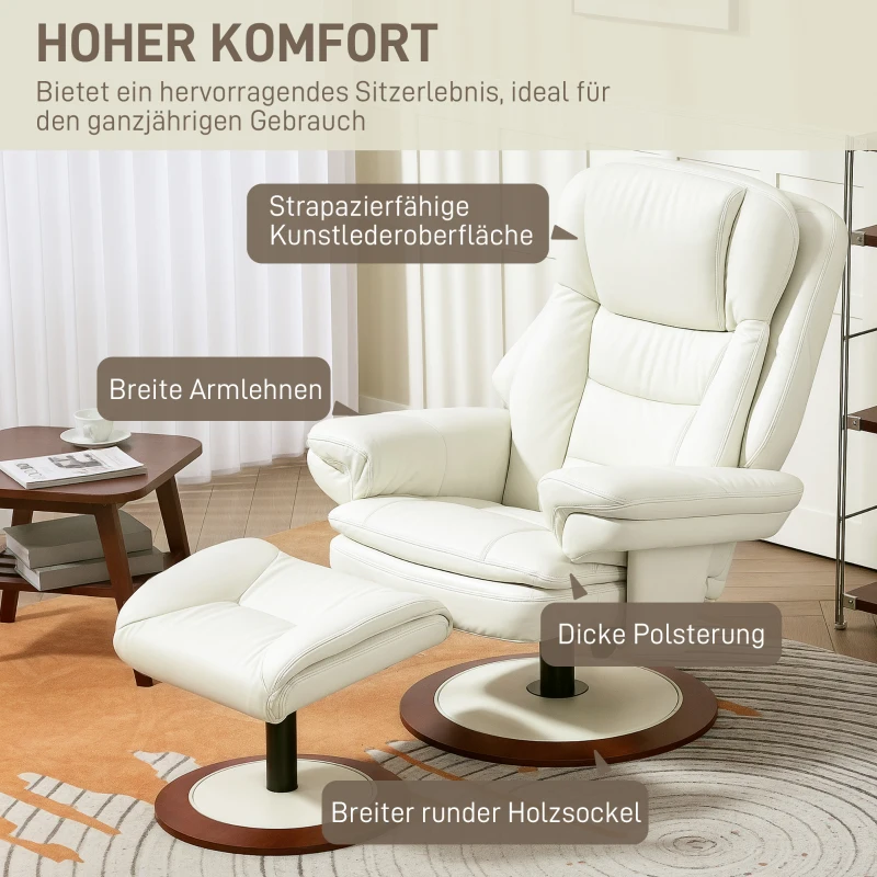 HOMCOM Relaxsessel mit Hocker, Liegefunktion, Drehbarer TV-Sessel mit Holzsockel, bis 150 kg belastbar, Kunstleder, Cremeweiß(m-6)