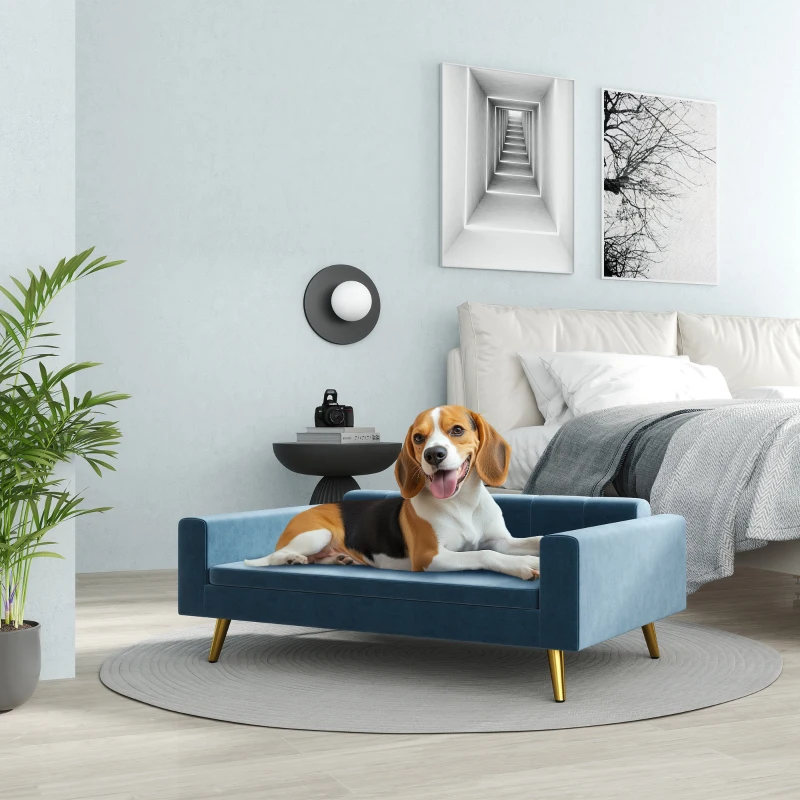 PawHut Canapé chien lit pour chien design scandinave coussin moelleux pieds métal doré 94 x 59,5 x 31,5 cm velours soyeux bleu