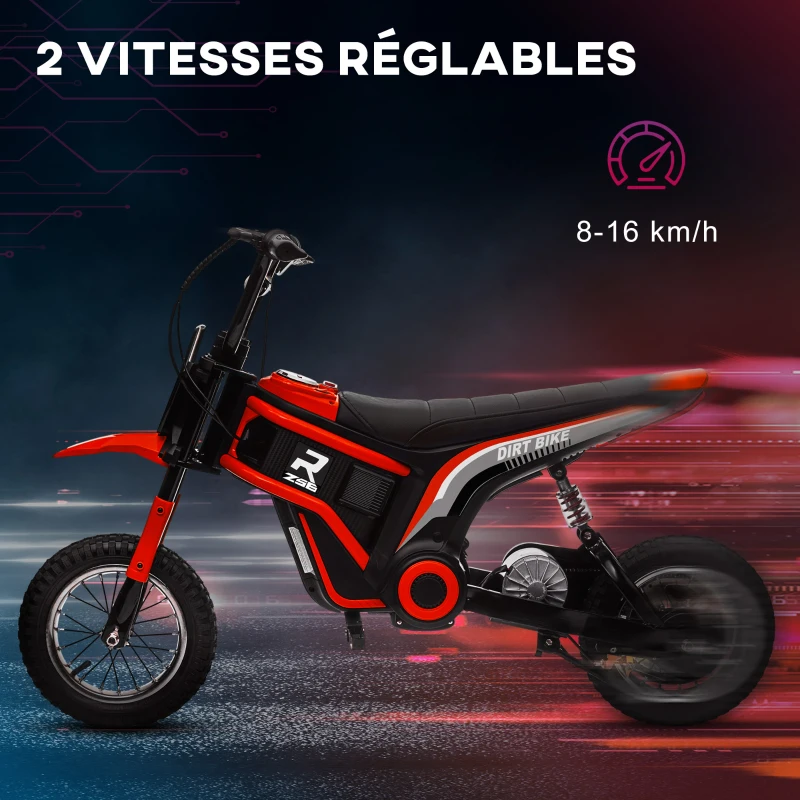 HOMCOM Moto cross électrique pour enfant, effets sonores, 2 vitesses 8 et 16 km/h, batterie 12V, moteur puissance 350 W, rouge(m-5)