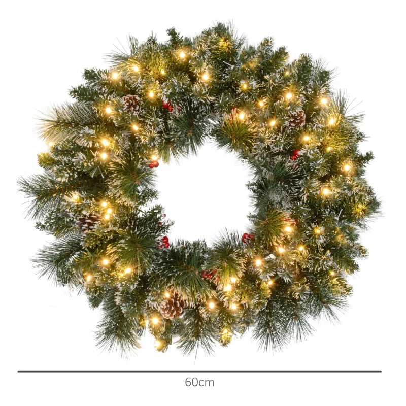 HOMCOM Couronne de Noël porte artificielle 60 CM avec pommes de pin et grappes de baies, lumières LED et minuterie vert
