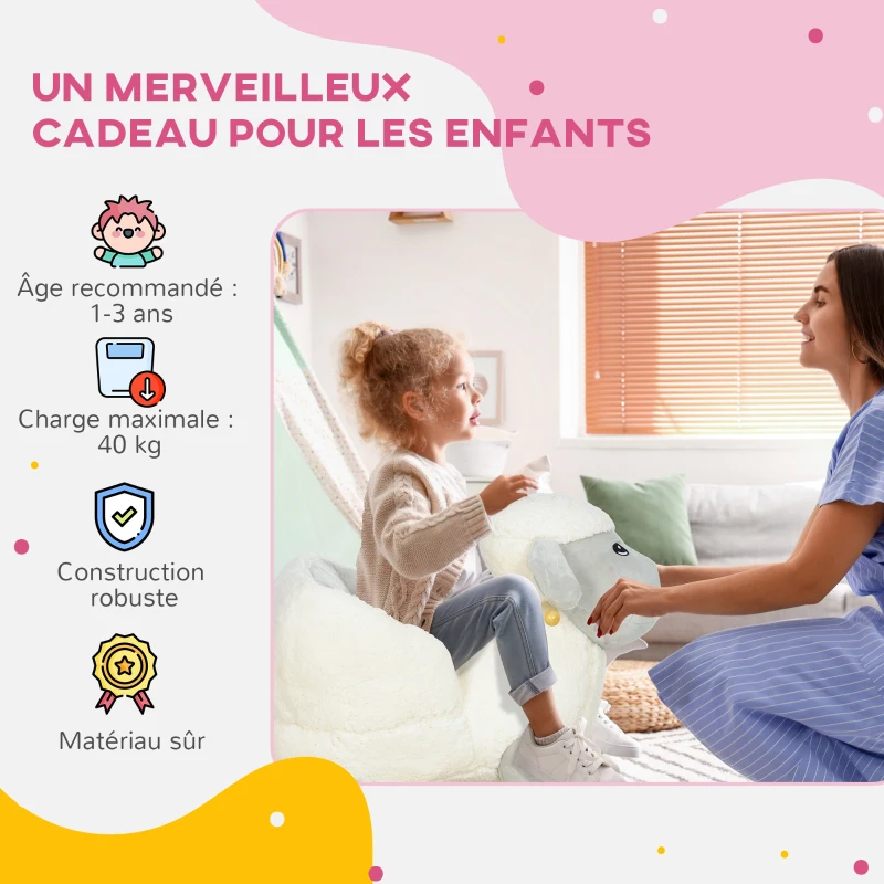 AIYAPLAY Cheval à bascule pour enfant, jouet à bascule en peluche, en forme d'agneau, à effets sonores, 68 x 35 x 55 cm gris