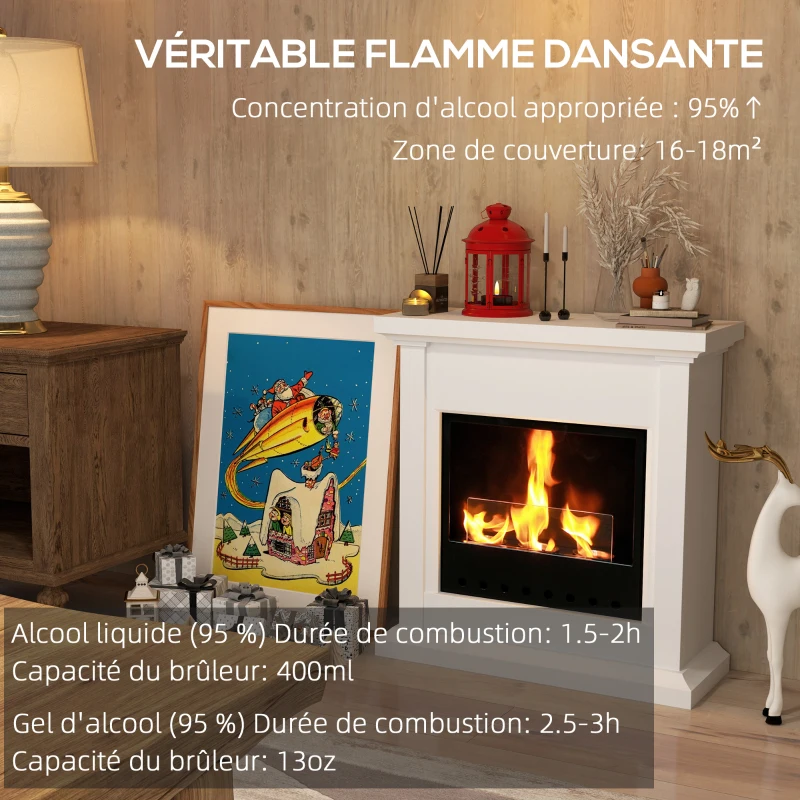 HOMCOM Cheminée au bioéthanol en métal brûleur 400 ml durée de combustion de 3 heures avec verre de protection blanc