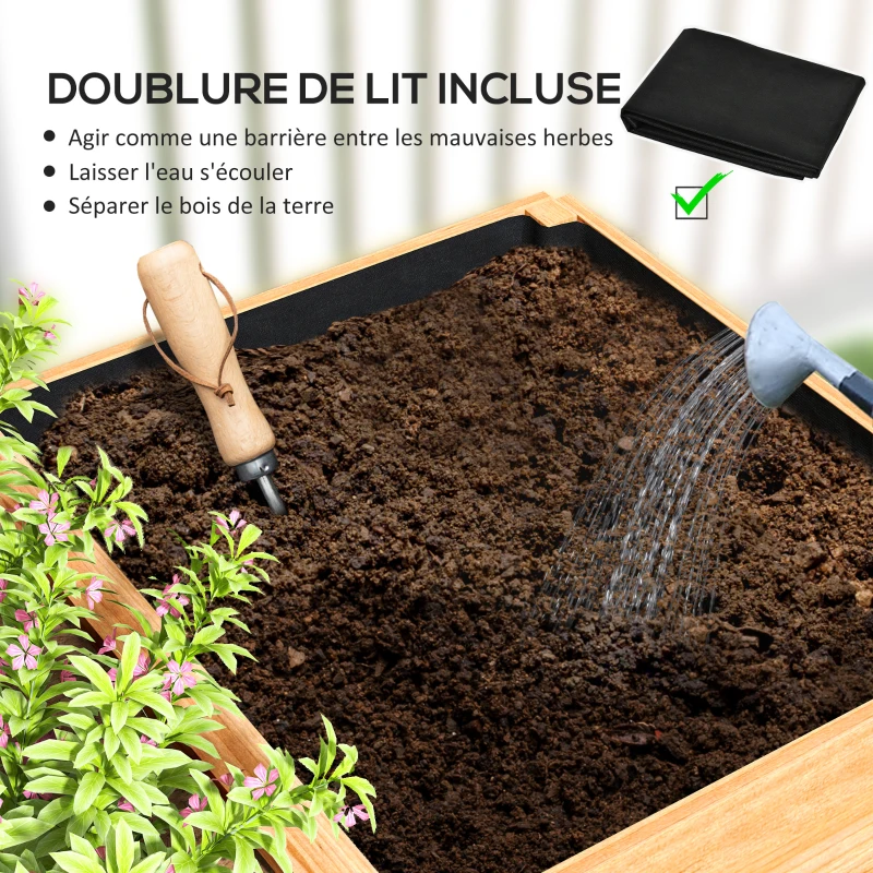 Outsunny Jardinière extérieur, carré potager en bois, 3 compartiments de plantation et doublure inclus, 140x60x40cm, naturel