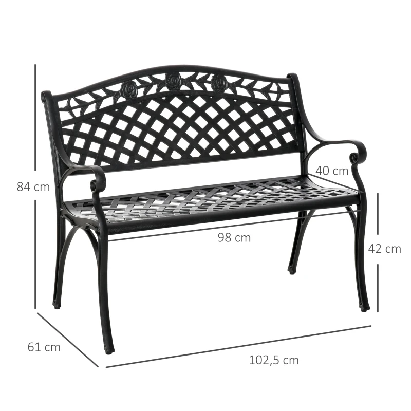 Outsunny Banc de Jardin 2 Places en Aluminium avec Accoudoirs Style Campagnard Noir 102,5 x 61 x 84 cm