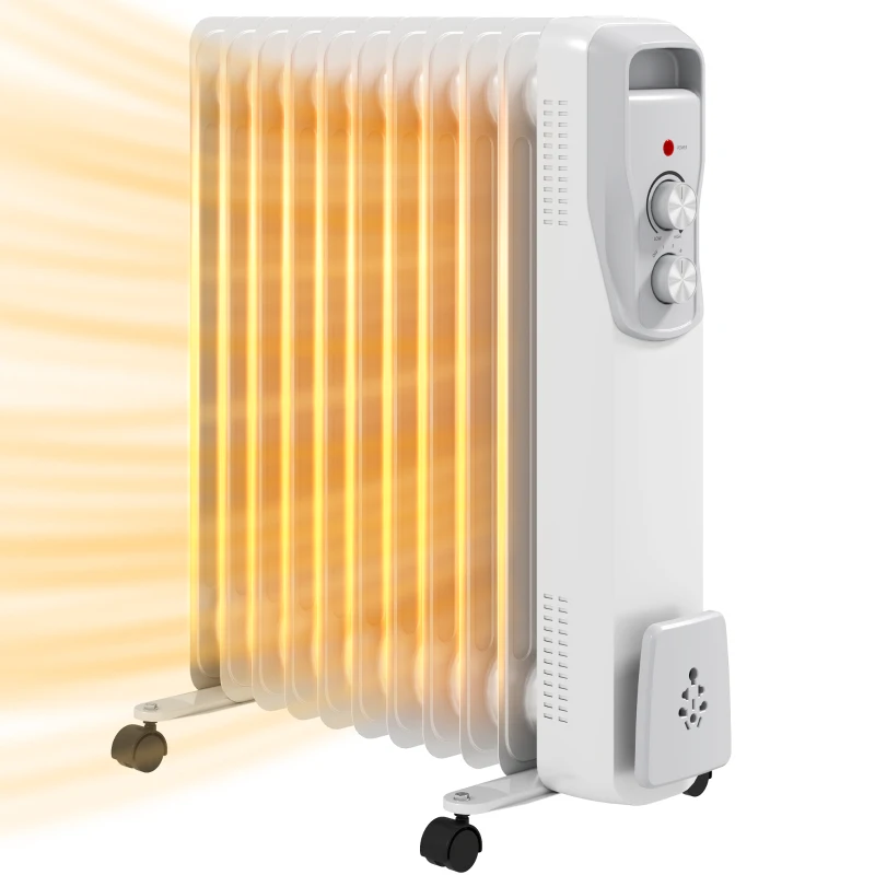 HOMCOM Radiateur bain d'huile 2500W, chauffage électrique silencieux, 3 niveaux de chaleur réglable, roulette, blanc