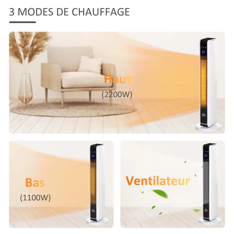 HOMCOM Chauffage électrique soufflant oscillant 1100/2200 W, céramique PTC, télécommande incluse, minuterie 8h, 21 x 21 x 73 cm