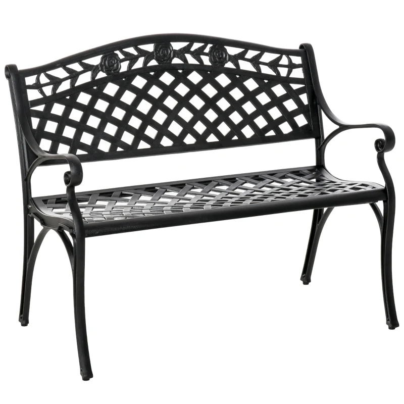 Outsunny Banc de Jardin 2 Places en Aluminium avec Accoudoirs Style Campagnard Noir 102,5 x 61 x 84 cm