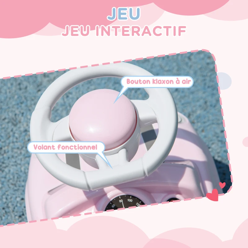 AIYAPLAY Porteur Enfants Voiture 18-36 Mois Volant klaxon et Butée Anti-bascule Charge 25 kg 53x25x35 cm Rose