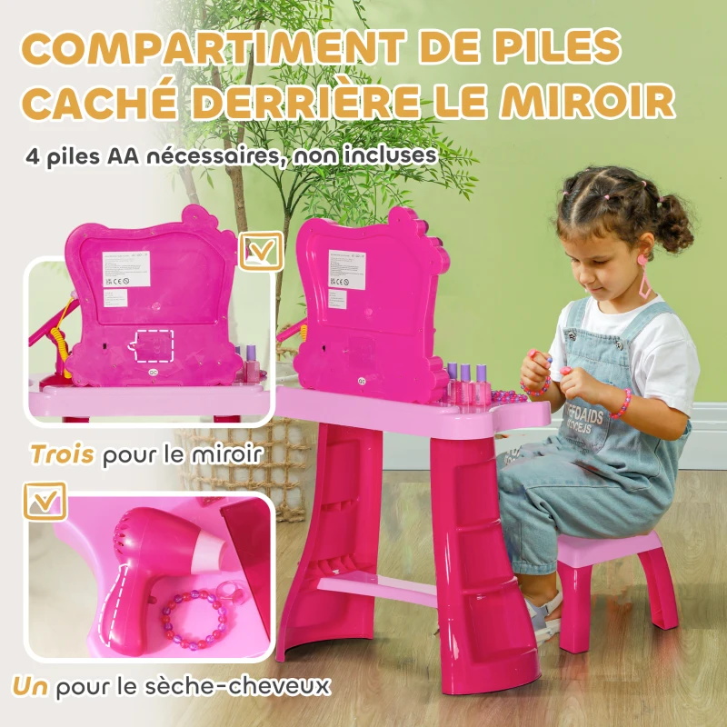 AIYAPLAY 15 PCS Coiffeuse enfant avec tabouret et miroir, lumière, musique, microphone, sèche-cheveux, espace de rangement