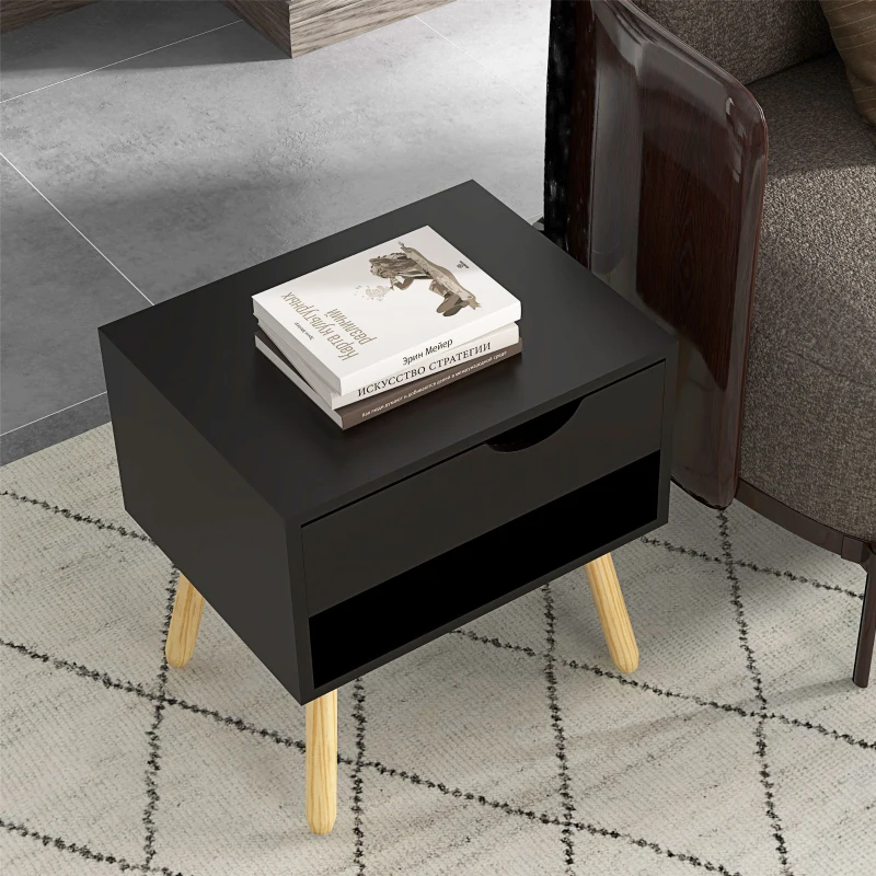 HOMCOM Set mit 2 Nachttischen Nachttische mit Schubladen Massivholzbeine modern 50 x 39 x 51 cm Schwarz und Naturholz