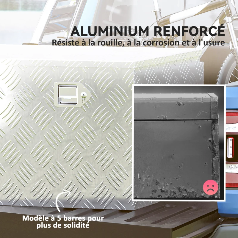 HOMCOM Boîte à outils pour remorque boîte de rangement en aluminium verrouillable en forme trapézoïdal 73,7 x 41 x 46 cm argent