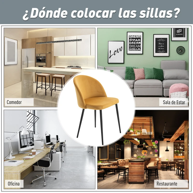 HOMCOM Pack de 2 Sillas de Comedor Tapizadas en Terciopelo con Respaldo Acolchados Patas de Metal Carga 90 kg 49x50x77 cm Camel