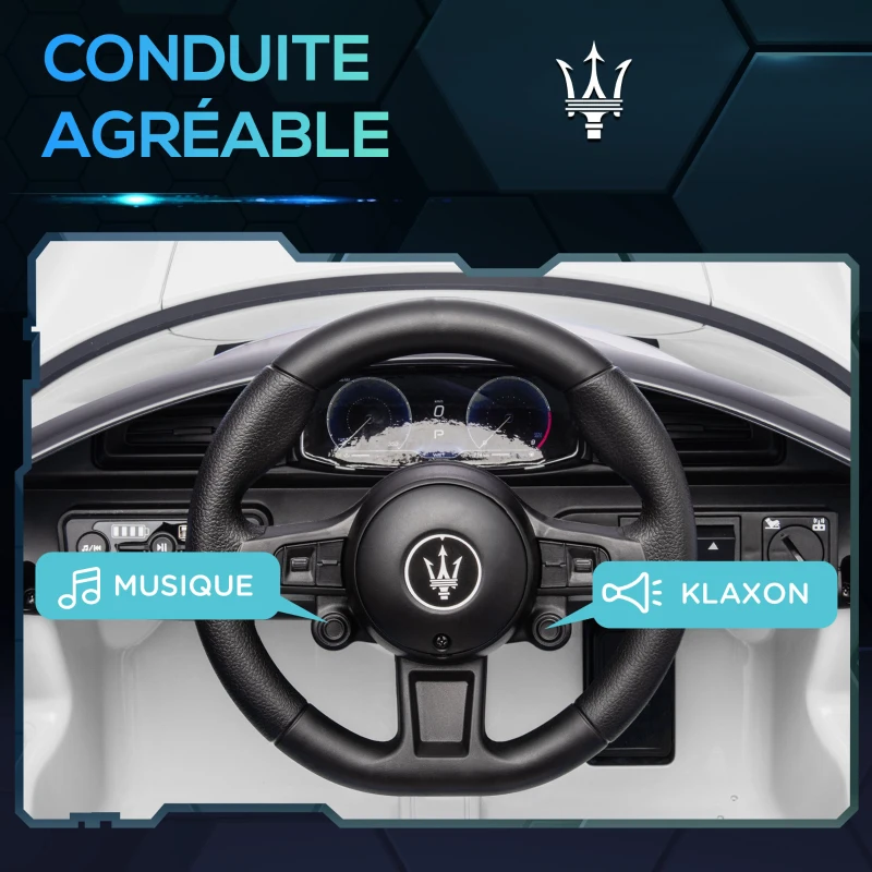 AIYAPLAY Voiture électrique pour enfants sous licence Maserati MC20 12V, Télécommande, LED, Musique et Klaxon, 3 à 6 Ans, blanc