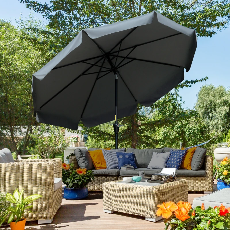 Outsunny 2.7m Patio Parasol Garden Umbrellas Outdoor Sun Shade Table Umbrella with Tilt, Crank, 8 Ribs, Ruffles, Grey