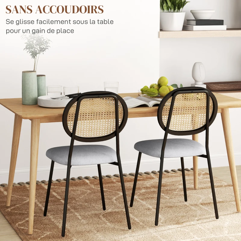 HOMCOM Lot de 2 chaises salle à manger chaises de cuisine dossier en rotin tissu respirant cadre acier 44 x 54 x 87 cm gris