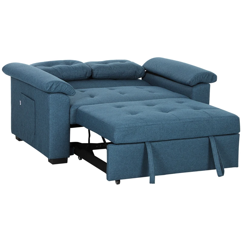 HOMCOM Pull Out Sofa Bed, Fabric 2 Seater Click Clack Sofa Bed Settee with 2 Pocket Springs, Convertible Sofa Couch with Pillows and Side Pockets for Living Room, Home Office, Blue