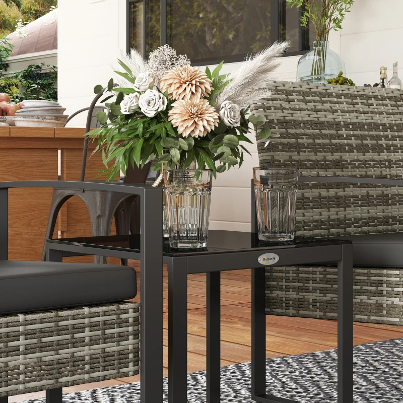 Outsunny Garten Lounge Set 3-teilig 2 Stühle mit Kissen + Couchtisch mit gehärteter Glasplatte PE Rattan Grau