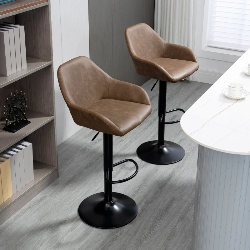 HOMCOM Bar Stools Set of 2, Height Adjustable Swivel Barstools, PU Leather Kitchen Stools with Backs, Armrests and Footrest for Home, Counter and Dining Room, Dark Brown