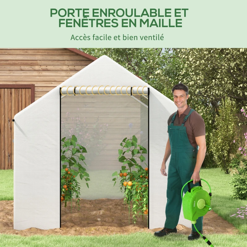 Outsunny Serre de jardin tunnel 2 x 3m, 6m² avec porte enroulable, 4 fenêtres, - Acier galvanisé PE Haute densité Blanc