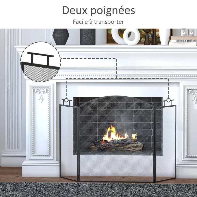 HOMCOM Pare-feu pour cheminée ou poêle - Pare-étincelles 3 Volets Pliables - dim. 110l x 24P x 76,5H cm - Acier métal Noir