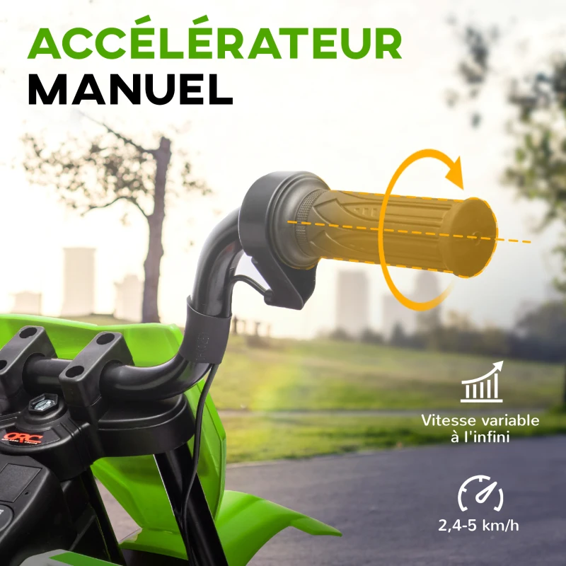 AIYAPLAY Moto électrique pour enfant moto cross pour enfants de 3 à 6 ans 2 moteurs 12V vitesse max. 5 km/h vert