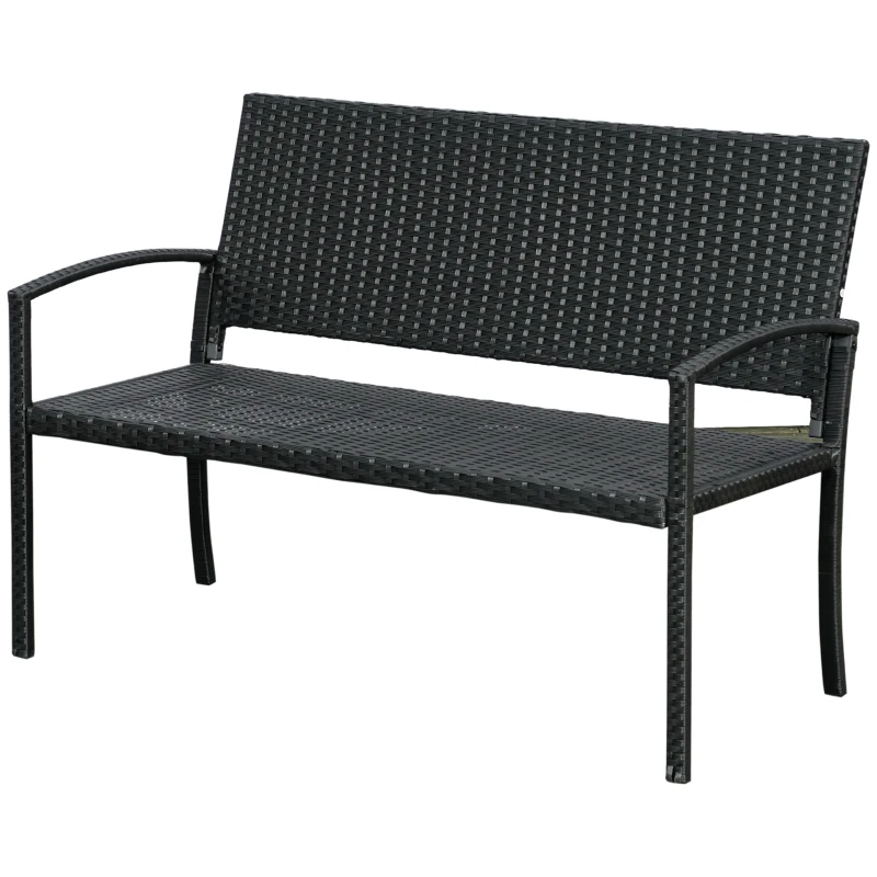 Outsunny 2 Seater Poly Rattan Garden Bench, All Weather Wicker Garden Loveseat, Outdoor Seating Bench with 240 Load Capacity, Backrest and Armrests for Patio, Terrace, Balcony, Black