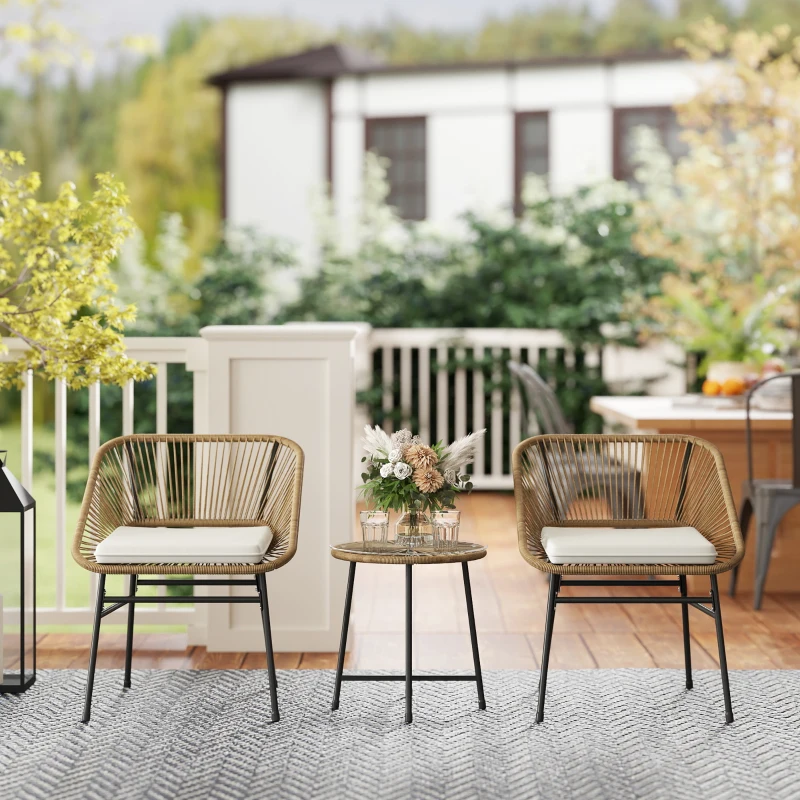 Outsunny 3 Pieces Rattan Bistro Set, Wicker Small Garden Table and Chairs Set with Cushions and Glass Top Coffee Table, Bistro Garden Furniture Set for Outdoor, Patio, Balcony, Natural