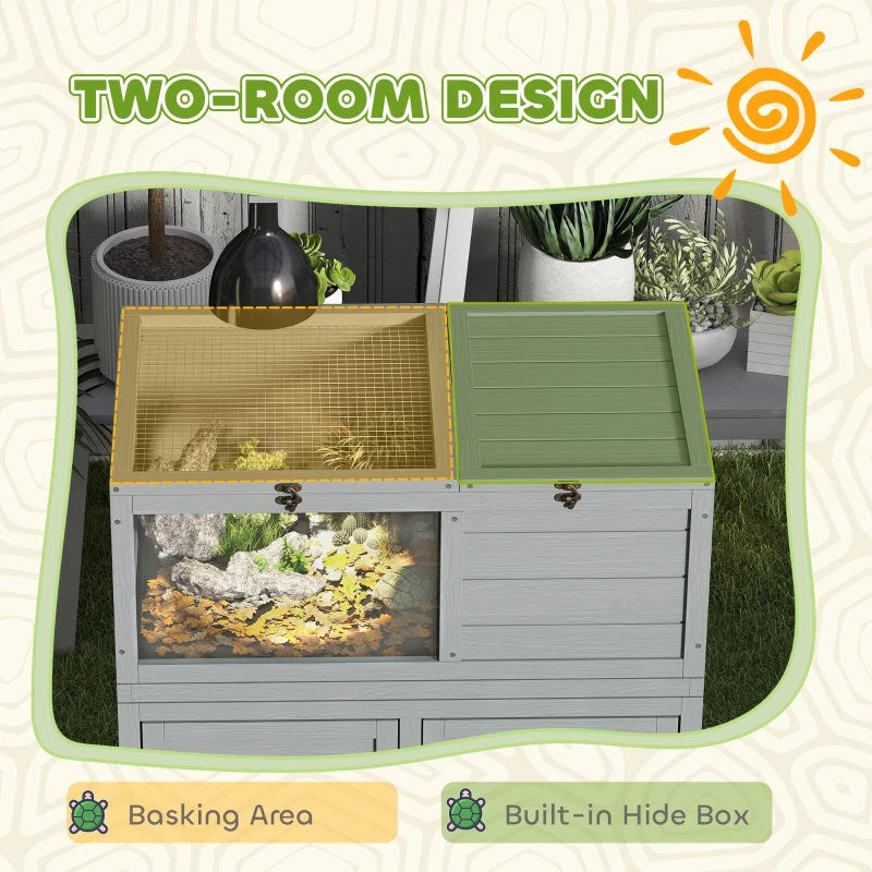PawHut Wooden Tortoise House with Storage Cabinet, Openable Top, Lamp Holder, Windows, Light Grey