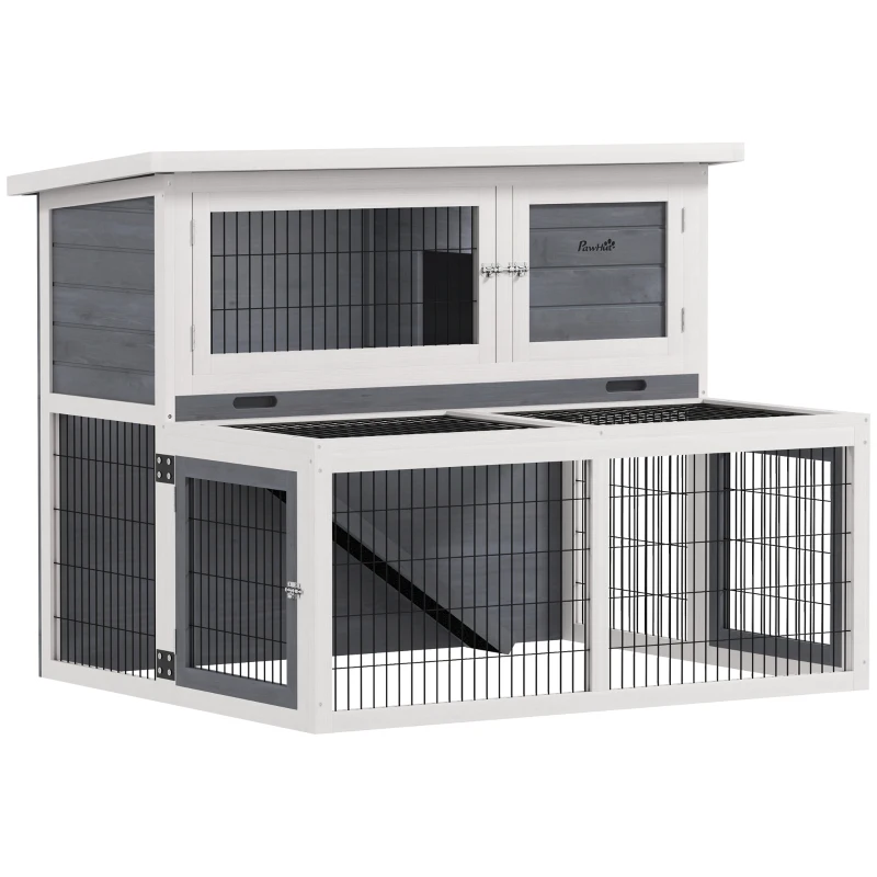 PawHut Conigliera a 2 Livelli con Vassoio Estraibile in Legno di Abete e Acciaio, 122x95x93.5 cm, Multicolore