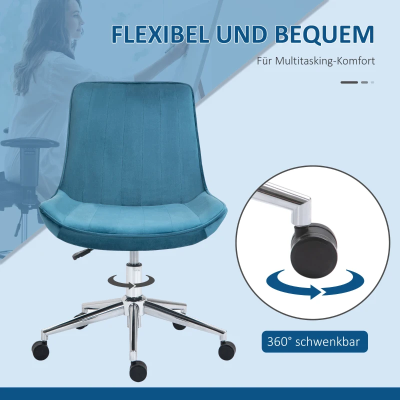 HOMCOM Bürostuhl Schreibtischstuhl Drehstuhl drehbar Höhenverstellbar 360°, Samtstoff, Blau, 52,5 x 60 x 82-91 cm