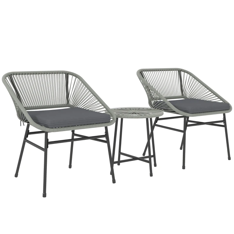 Outsunny 3 Pieces Rattan Bistro Set, Wicker Small Garden Table and Chairs Set with Cushions and Glass Top Coffee Table, Bistro Garden Furniture Set for Outdoor, Patio, Balcony, Light Grey