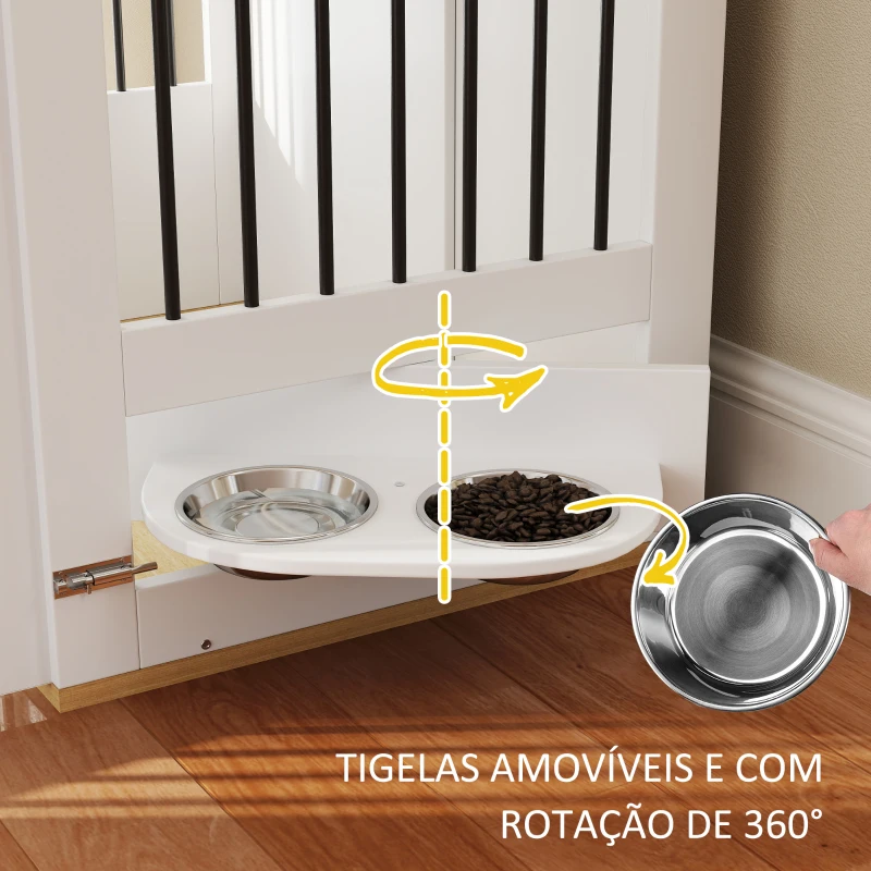 PawHut Gaiola para Cães 2 em 1 Mesa Auxiliar com 2 Portas com Trava Comedouro Giratório de 360° 2 Tigelas 80x55x71,5 cm Branco