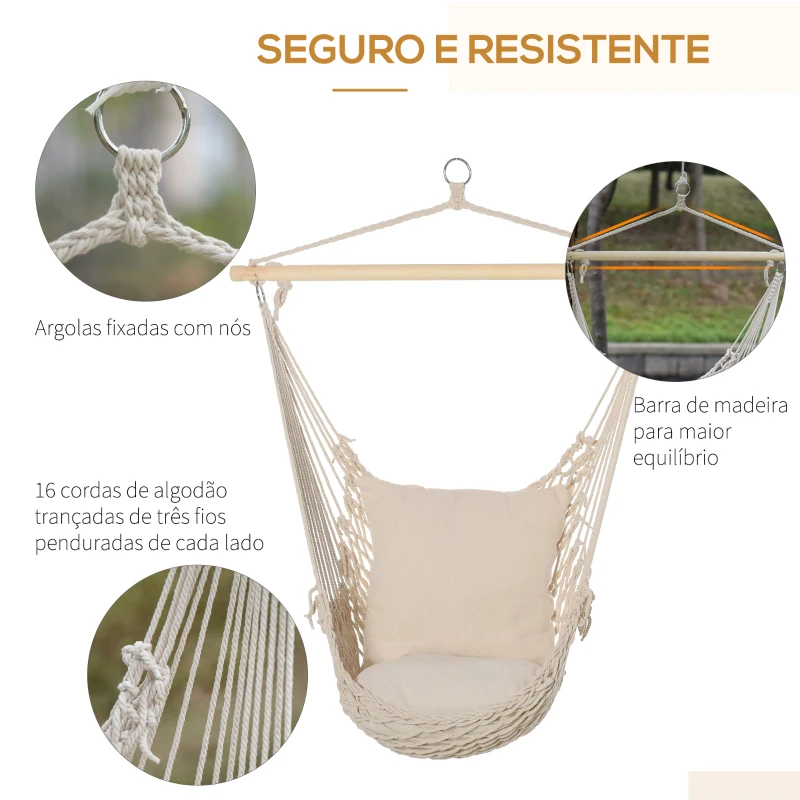 Outsunny Cadeira Suspensa Cadeira Rede Suspensa com 2 Almofadas de Algodão Barra de Madeira para Interior e Exterior 120x90 cm Creme
