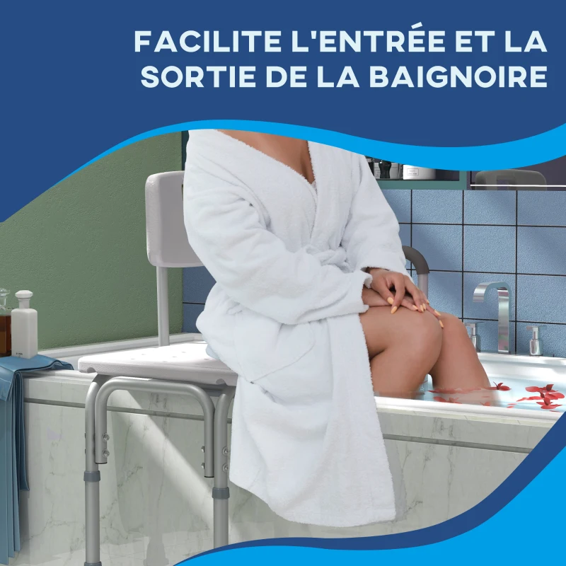 HOMCOM Tabouret de douche chaise de douche dossier ergonomique hauteur réglable pieds antidérapants grande assise charge max. 136 kg 74 x 53 x 80-92 cm blanc