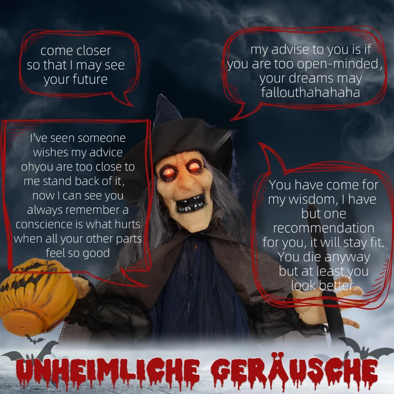 HOMCOM Halloweendekoration Hexe mit Besen, leuchtende Augen, gruselige Geräusche, biegsame Arme, 107x65x190 cm(m-4)