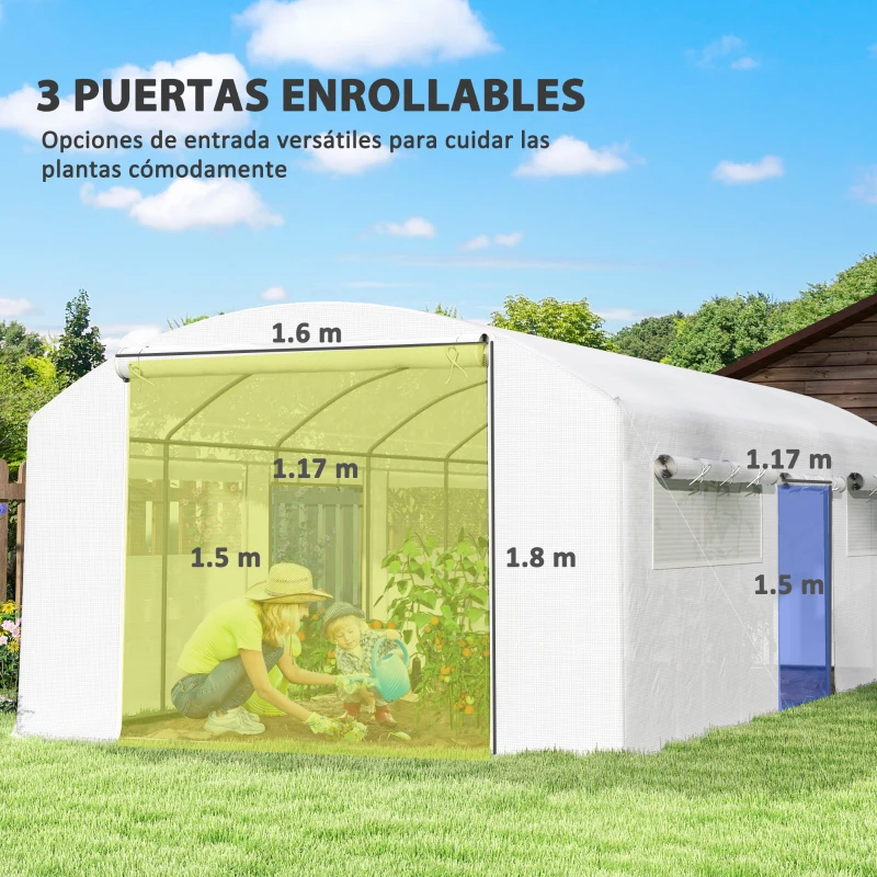 Outsunny Invernadero de Túnel 6x3x2 m con 6 Ventanas de Malla Cubierta de PE Anti-UV y 3 Puertas Enrollables Blanco