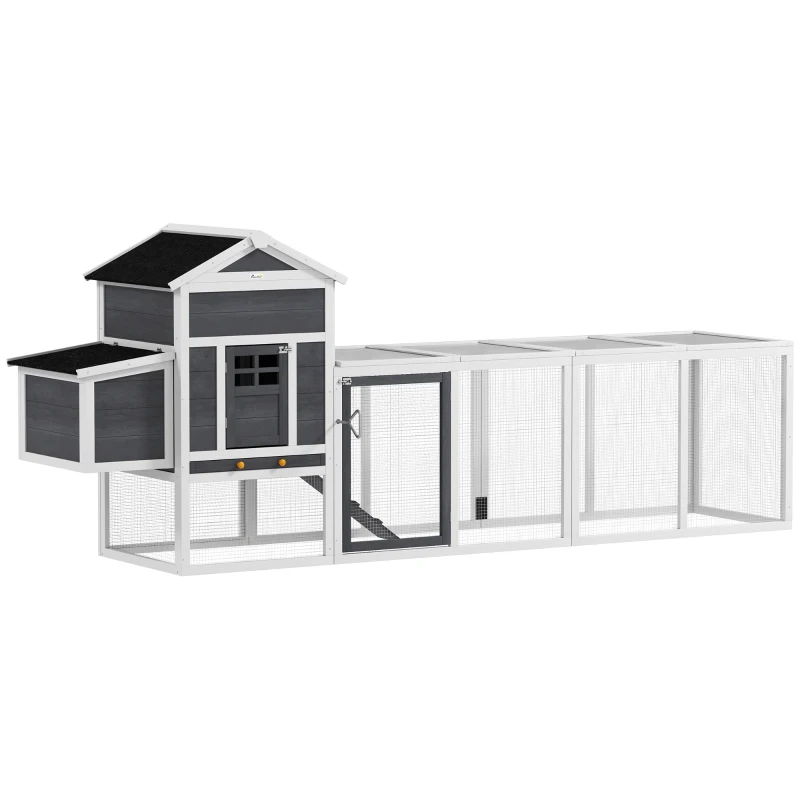 PawHut Galinheiro de Madeira 297,5x68x118cm para 3-6 Galinhas com Teto Asfáltico Porta com Trava e Caixa Ninho Branco e Cinza