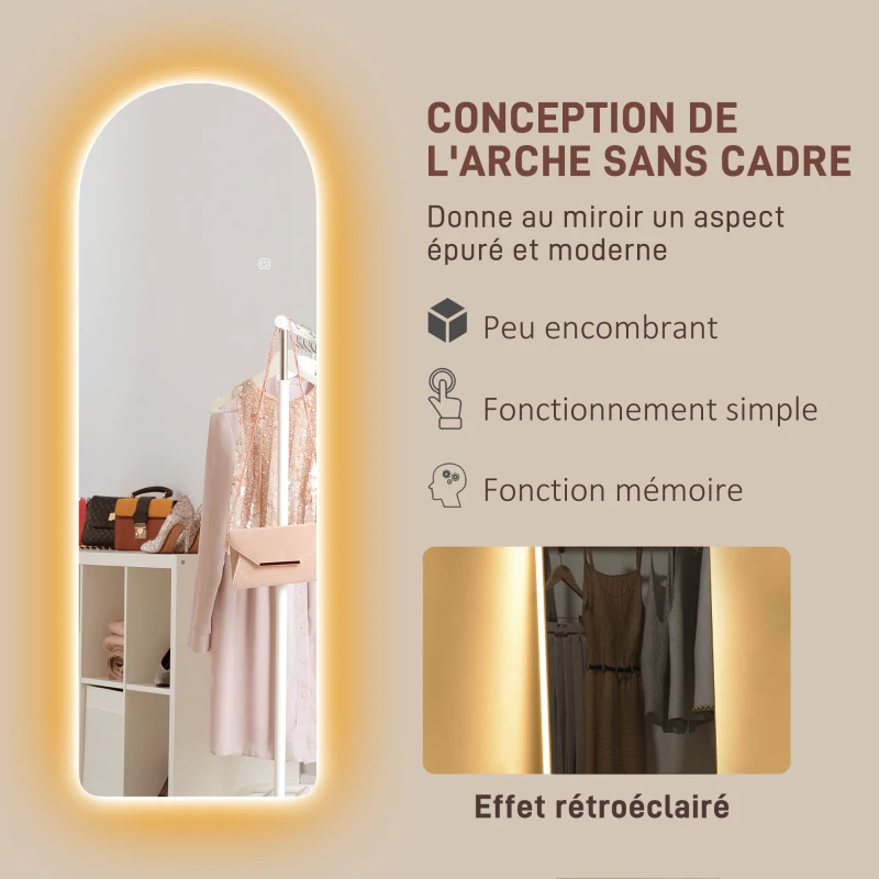 HOMCOM Grand miroir mural 120 x 40 cm avec éclairage LED miroir arqué, intensité variable et 3 couleurs d'éclairage transparent