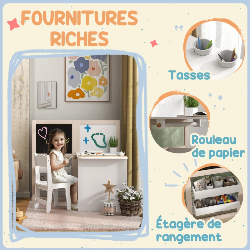 AIYAPLAY Table enfant avec chaise 3 en 1 avec chevalet pliable étagères de rangement, rouleau de papier - 3 à 8 ans, blanc