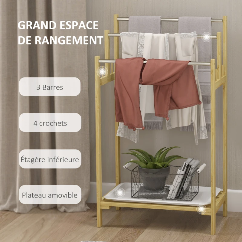 HOMCOM Porte-serviettes en bambou 3 barres avec étagère de rangement, 4 crochets et plateau amovible, 50,5lx31Px90H cm naturel