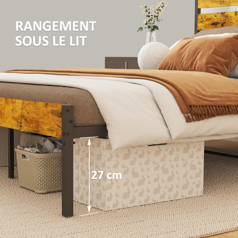 HOMCOM Cadre de lit double en acier avec sommier et tête de lit compatible matelas 140 x 200 cm, style industriel