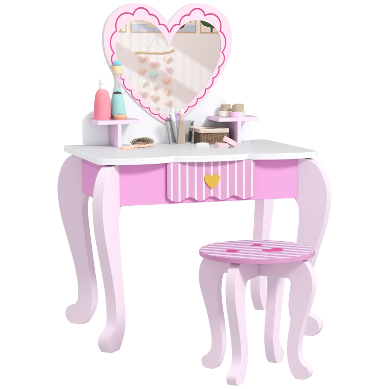 AIYAPLAY Kids Dressing Table Set, Vanity Table with Stool, Mirror, Drawer,  Desktop Storage, Heart Theme, Pink | Aosom UK