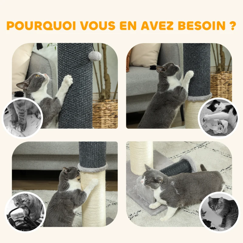 PawHut Poteau griffoir chat poteaux à griffer pour chat 3 in 1 avec grande base tapis à motif ananas 40 x 48 x 85 cm gris clair